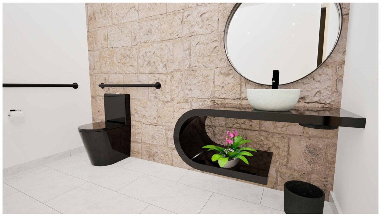 Dental clinic restroom with stone wall, floating vanity and grab bars, interior render