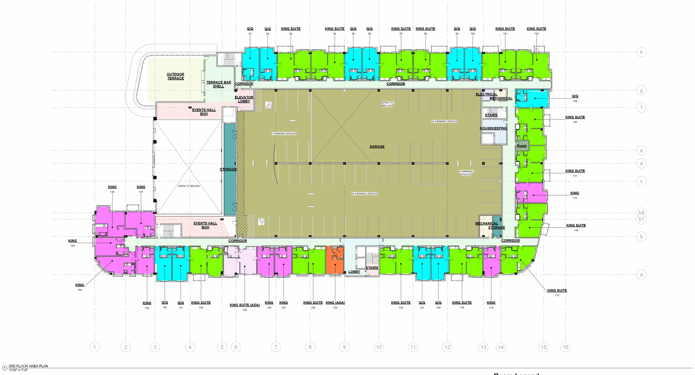 Hotel third-floor area plan colored by room type: king, king suite and queen rooms, garage, events hall and terrace bar
