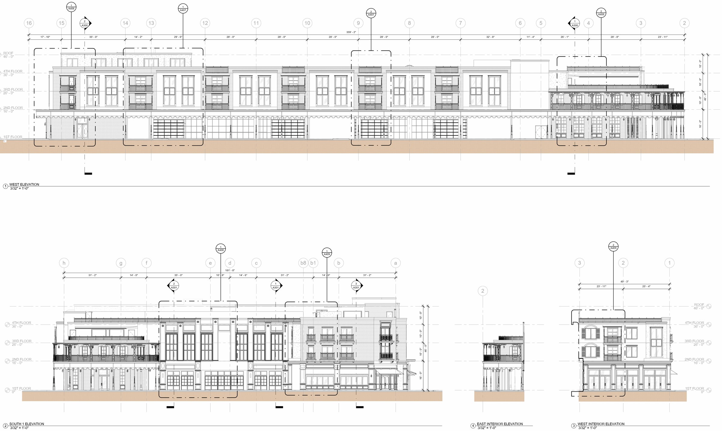 Hotel exterior elevations with dimension strings, grid lines and level datums