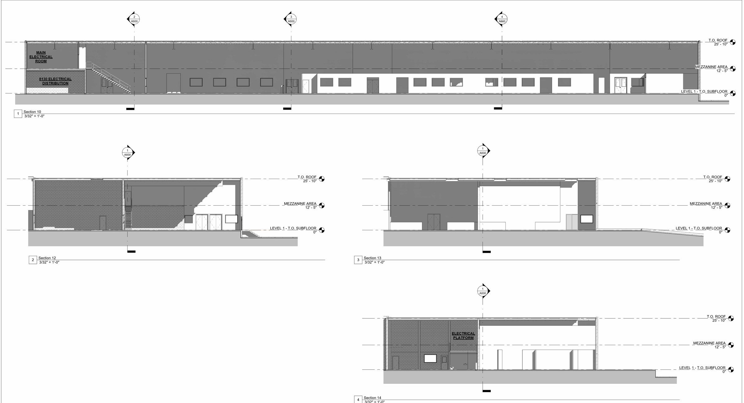 Industrial facility building sections showing subfloor, mezzanine and roof levels