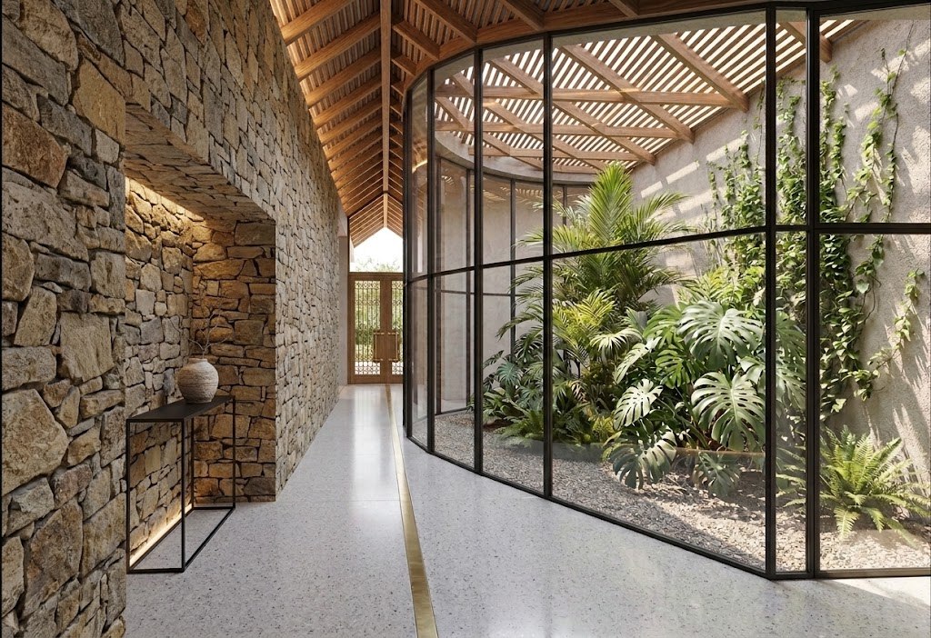 Casa Club Dos Valles — galleria interna, parete vetrata curva