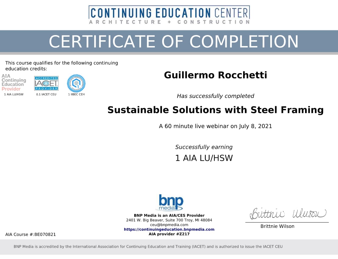 Certificato AIA — Sustainable Solutions with Steel Framing