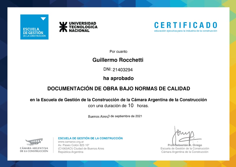 Certificato — Documentazione di cantiere secondo standard di qualità, Cámara Argentina de la Construcción